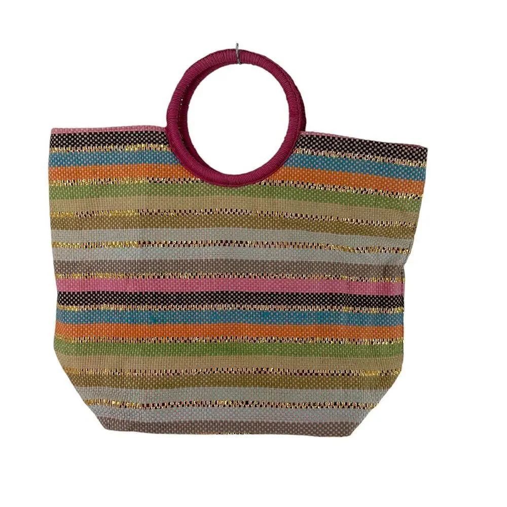 Shiraleah Amalia Straw Tote Bag Colorful Striped Beach Bag Bohemian Gold Details